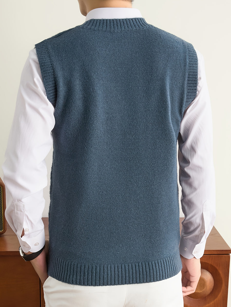 Men's V-neck Simple and Stylish Knitted Autumn/Winter Pullover Sleeveless Sweater Vest (Single Piece) - Blue