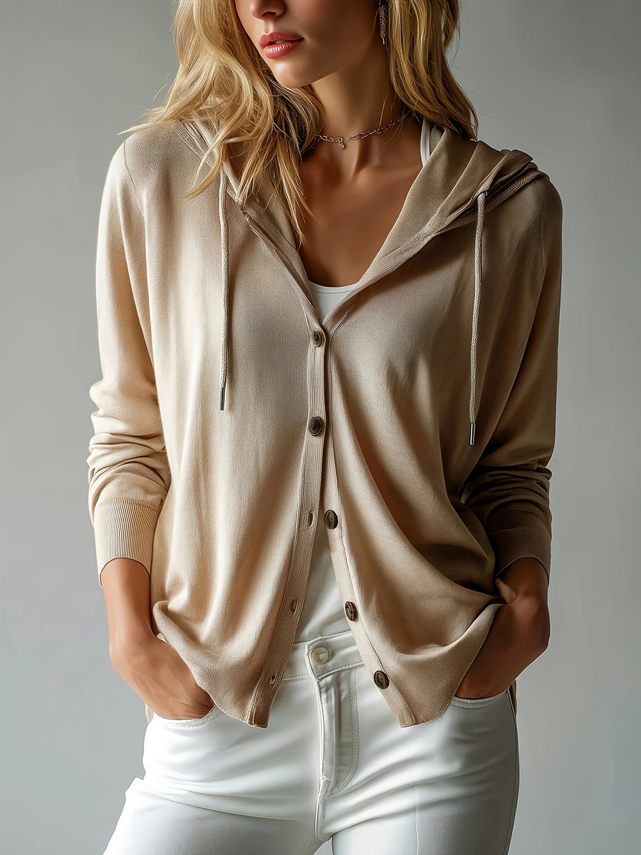 Women's Button Cardigan with a Hood, Drawstring Hood Design, French Style, European and American Style, Casual, Loose, All-season Versatile, Can Be Worn Alone or as an Outer Layer, Suitable for Daily Commuting and Various Occasions. - Khaki