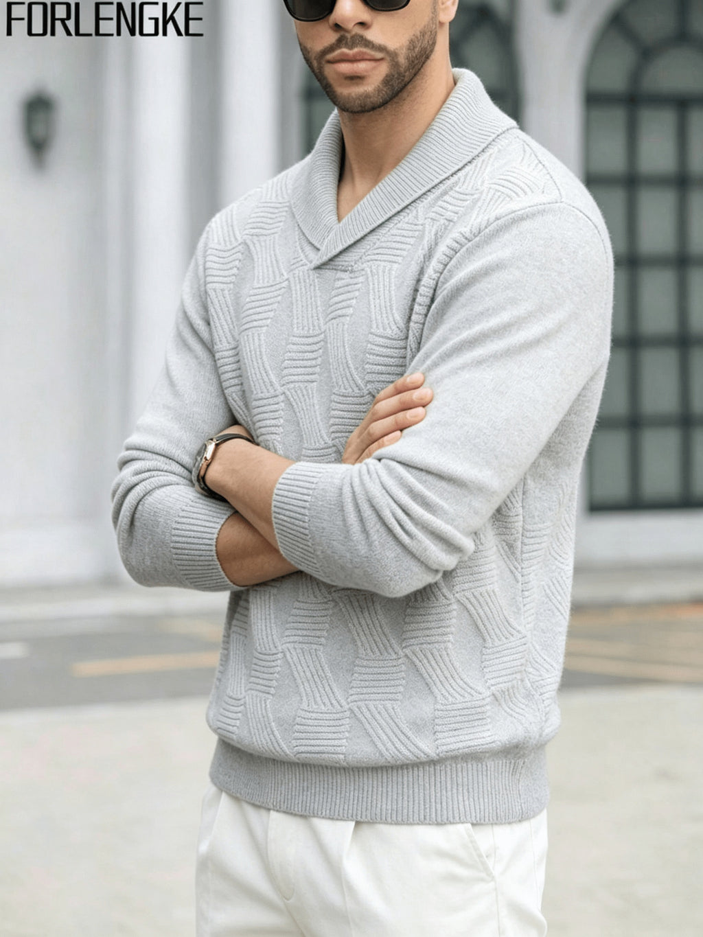 FORLENGKE Men'S Business Casual Shawl Collar Geometric Textured Knit Sweater, Soft Warm Long Sleeve Pullover for Fall Winter Office Daily Wear - Ivory White