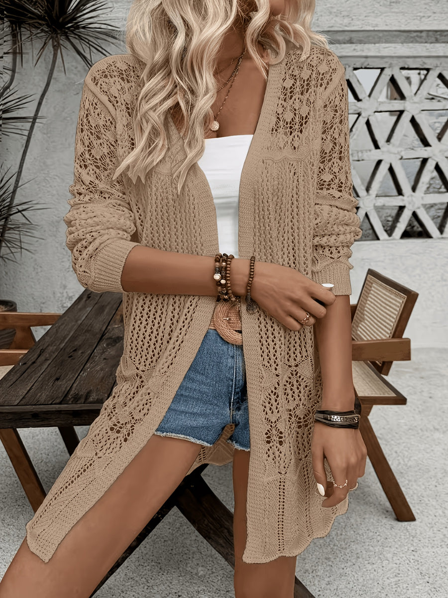 Women'S Elegant Long Sleeve Lace Open Cardigan, Suitable for Vacation, Beach - Khaki