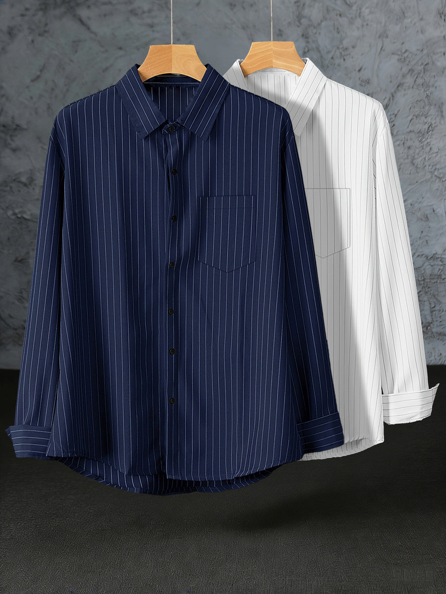 Early Spring/Autumn Value Two-Pack Thin Trendy Men's Long-Sleeve Striped Shirt, Versatile Fashion Casual Business High-End Outerwear Shirt - Blue+White