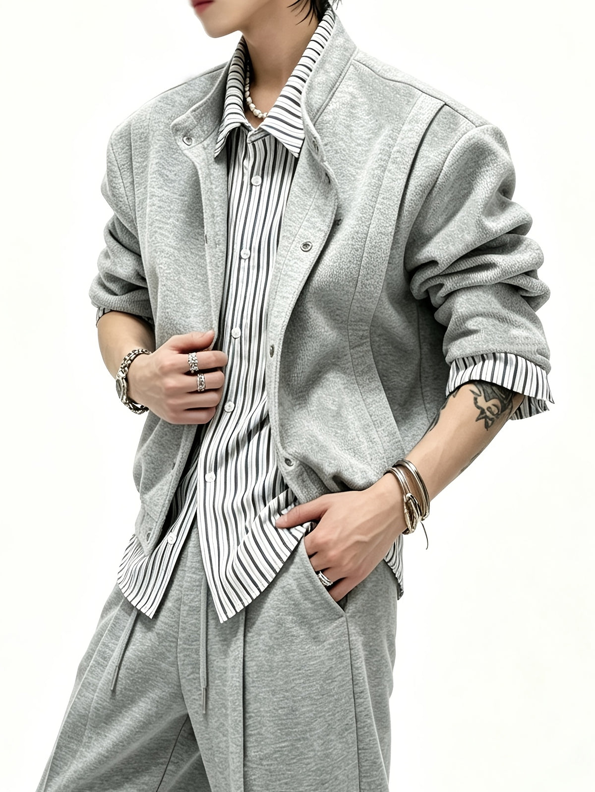 Men's Preppy Style Jacket, Ready-to-Ship Vintage Striped Shirt Collar Patchwork Cardigan Sweatshirt,  Streetwear Brand Designer Casual Outerwear - Grey