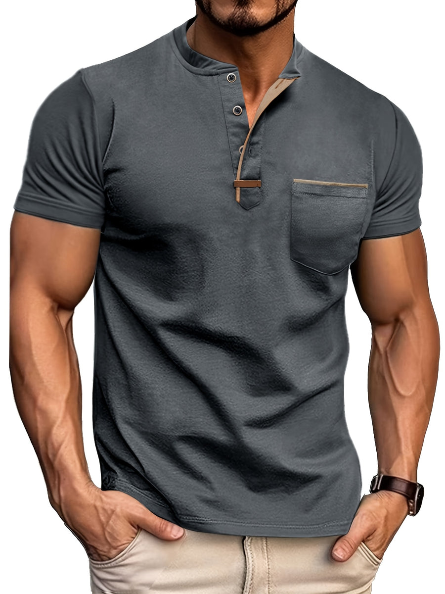 Fashion Men's Summer Short-sleeve T-shirt, Casual Round-neck Henley Shirt with Pocket - Dark Gray