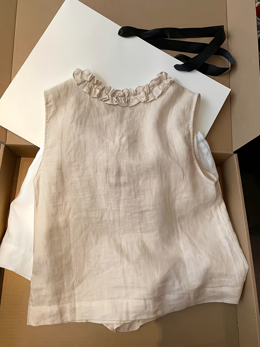 V-Neck Scalloped Edge Sleeveless Vest, 2026 Summer New Style - Khaki