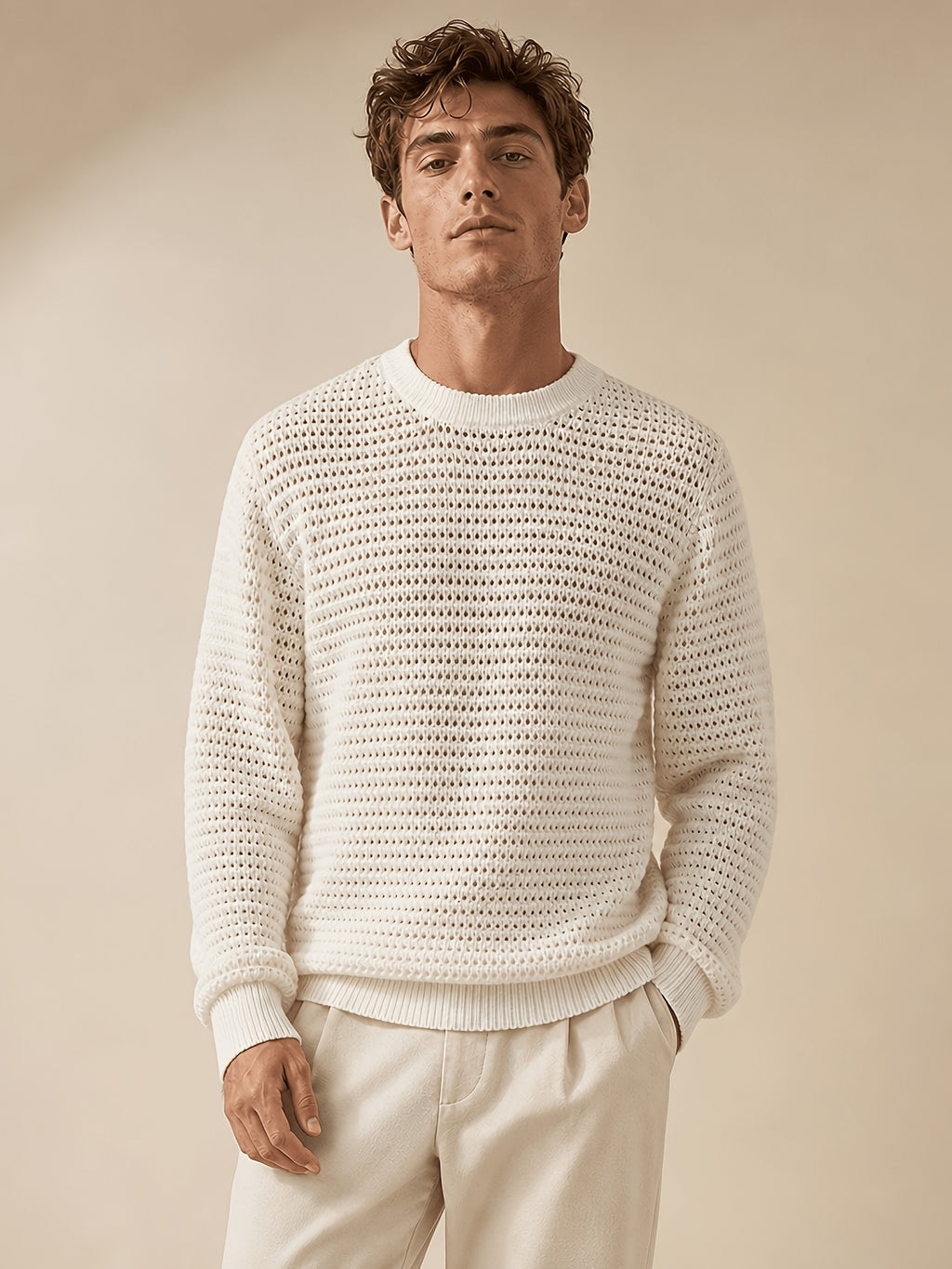 White Men'S Waffle Mesh Knit Top, Round Neck Long Sleeve Loose Casual Breathable Pullover Sweater - White