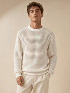 White Men'S Waffle Mesh Knit Top, Round Neck Long Sleeve Loose Casual Breathable Pullover Sweater - White