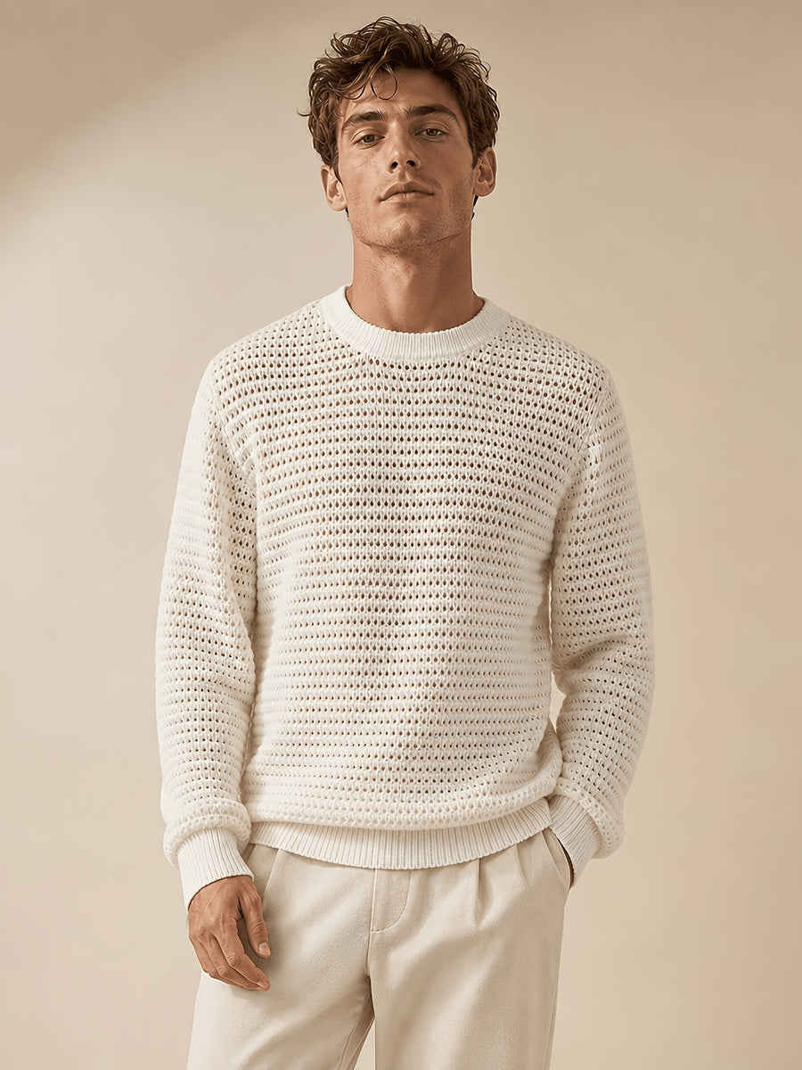 White Men'S Waffle Mesh Knit Top, Round Neck Long Sleeve Loose Casual Breathable Pullover Sweater - White