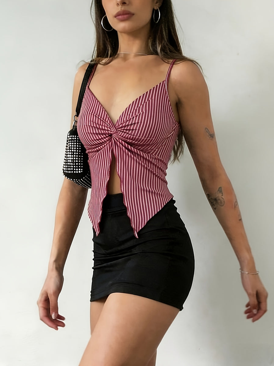 1pc Women'S Front-Slit Hem Camisole Top, Vacation Style, Design-Oriented Sexy Solid-Color Tank Top, Summer Cute Top Single Piece - Red And White