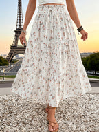 Women'S Boho Floral Tiered Maxi Skirt - Elastic High Waist Flowy Long Skirt for Summer Beach Vacation And Casual Daily Wear - White