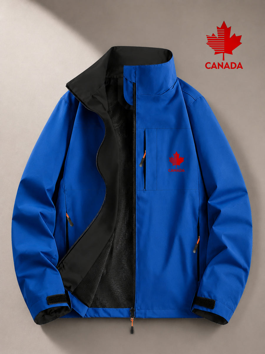 Outdoor Windproof Jacket with Maple Leaf Print, Softshell Fabric, Men'S Casual Hiking Coat, One-Piece Design - Royal Blue