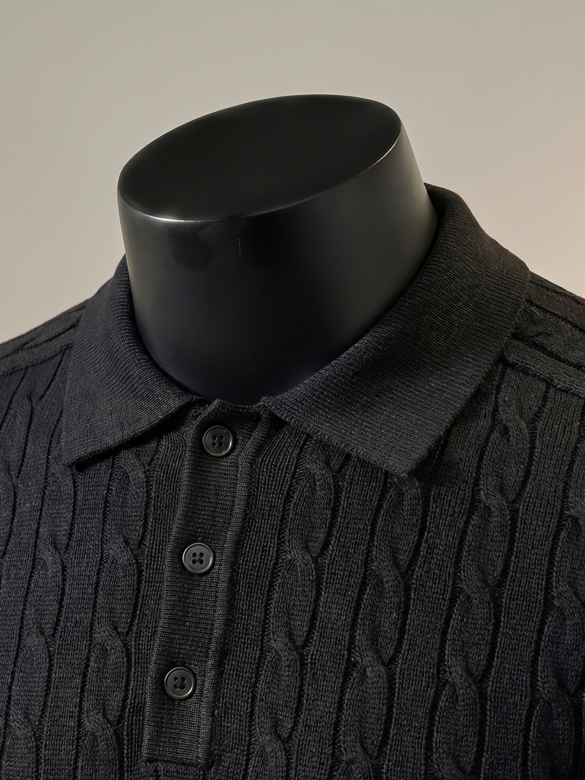 Short Sleeve Knit Sweater 2026 Spring/Summer New Arrival Cable Knit Lapel Slimming Pullover Top, Vertical Stripes with Intricate Cable Knit Slimming Texture, Light Luxury Business High-Quality Style, Fashionable, Simple, and Handsome - Black