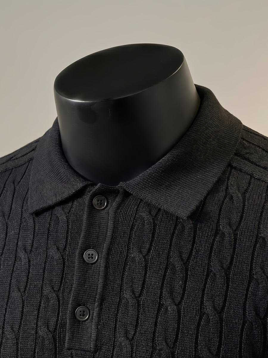 Short Sleeve Knit Sweater 2026 Spring/Summer New Arrival Cable Knit Lapel Slimming Pullover Top, Vertical Stripes with Intricate Cable Knit Slimming Texture, Light Luxury Business High-Quality Style, Fashionable, Simple, and Handsome - Black