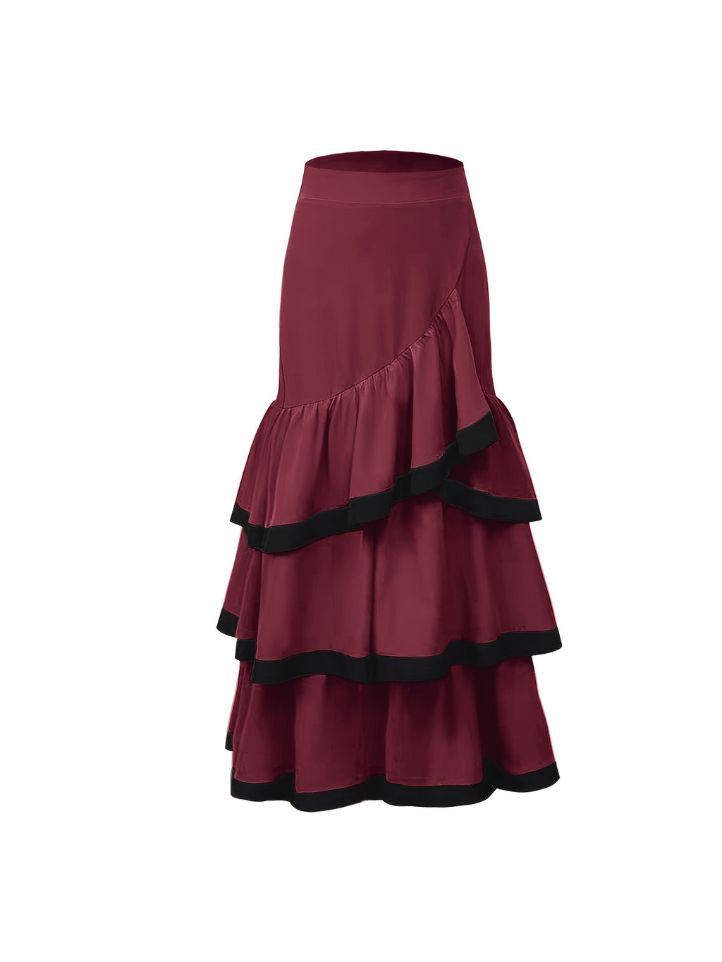 Autumn Versatile Color-Block Elegant Party Gathering Ruffle Hem Women's Skirt - Burgundy