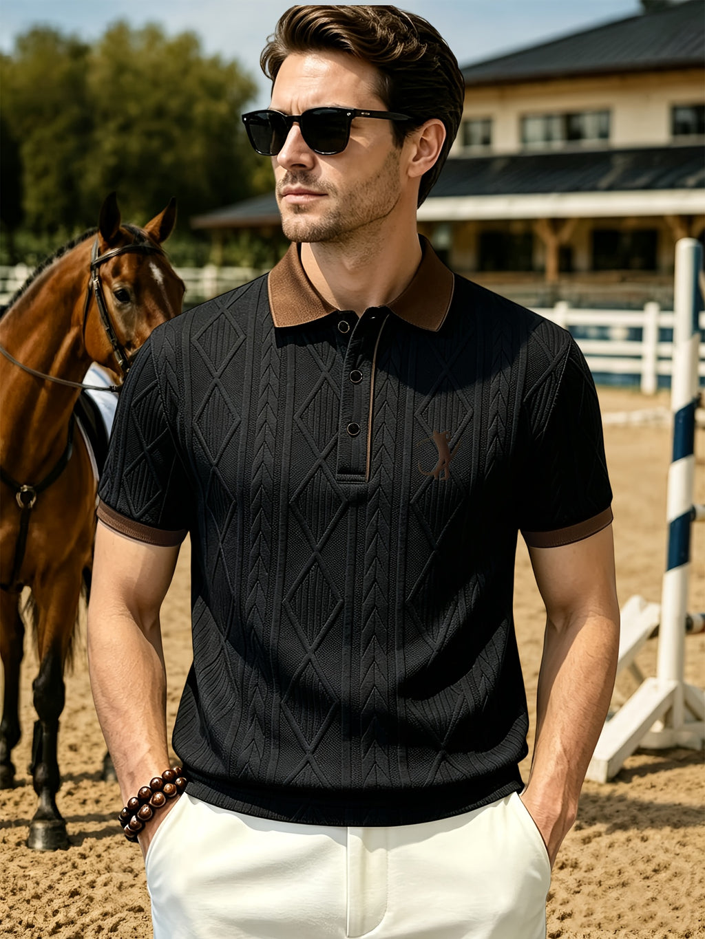Men'S Fashion Polo Shirt, Golf Character 3D Pattern Print, Foamed Heavy Craft, Spring Summer Short Sleeve, Exquisite Jacquard Fabric, Comfortable And Skin-Friendly, Elegant Contrast Collar Design, Casual Trendy Versatile, Golf Wear, Premium T-Shirt - Black