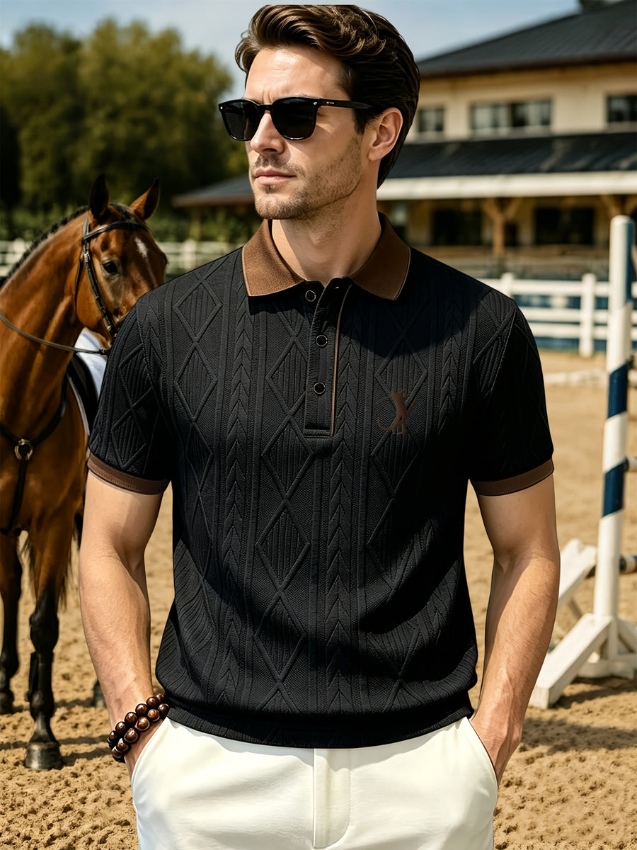 Men'S Fashion Polo Shirt, Golf Character 3D Pattern Print, Foamed Heavy Craft, Spring Summer Short Sleeve, Exquisite Jacquard Fabric, Comfortable And Skin-Friendly, Elegant Contrast Collar Design, Casual Trendy Versatile, Golf Wear, Premium T-Shirt - Black
