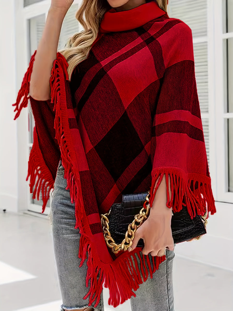 Spring/Autumn New Plaid Color-Block Fringe Shawl Women's High-Neck Irregular Pullover Sweater - Red