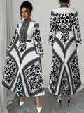 Elegant Long-Sleeve Dress with Lantern Sleeves, Featuring a Floral Print And Pleated Design, Perfect for Daily Commuting And Romantic Dates in The Autumn And Winter Fashion Collection - Mixed colors