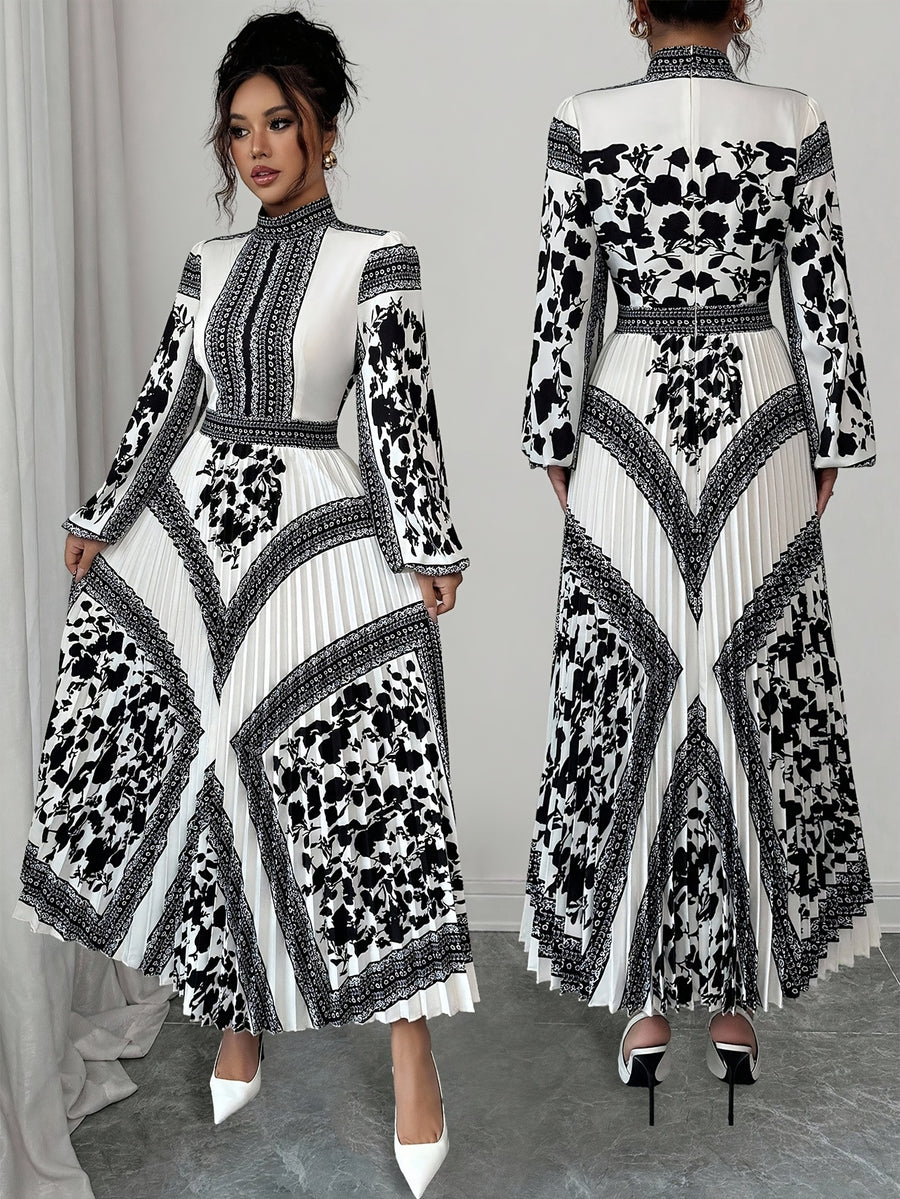 Elegant Long-Sleeve Dress with Lantern Sleeves, Featuring a Floral Print And Pleated Design, Perfect for Daily Commuting And Romantic Dates in The Autumn And Winter Fashion Collection - Mixed colors