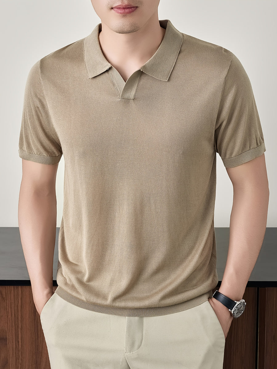 Maqiqi OBM New Spring/Summer Men's Knitted Pullover, Old Money Style Solid Color Clean Cut Half-Open Placket Scissor Collar Lapel Ribbed Knit Short Sleeve T-Shirt, Men's Casual Fashion Thin Breathable Pullover Sweater Knit Base Layer Top - Khaki