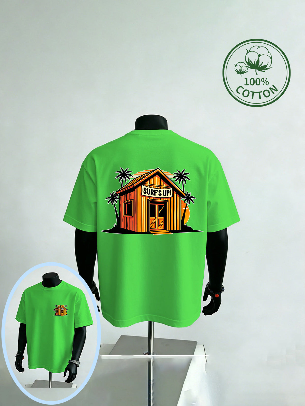 New Summer Style Beach Surf Shack Print Men's Casual Sport Fitness Pure Cotton Short-Sleeve Shirt, Moisture-Wicking and Sweat-Absorbing, Comfortable for Casual Outings and Outdoor Sports and Fitness - Grass Green
