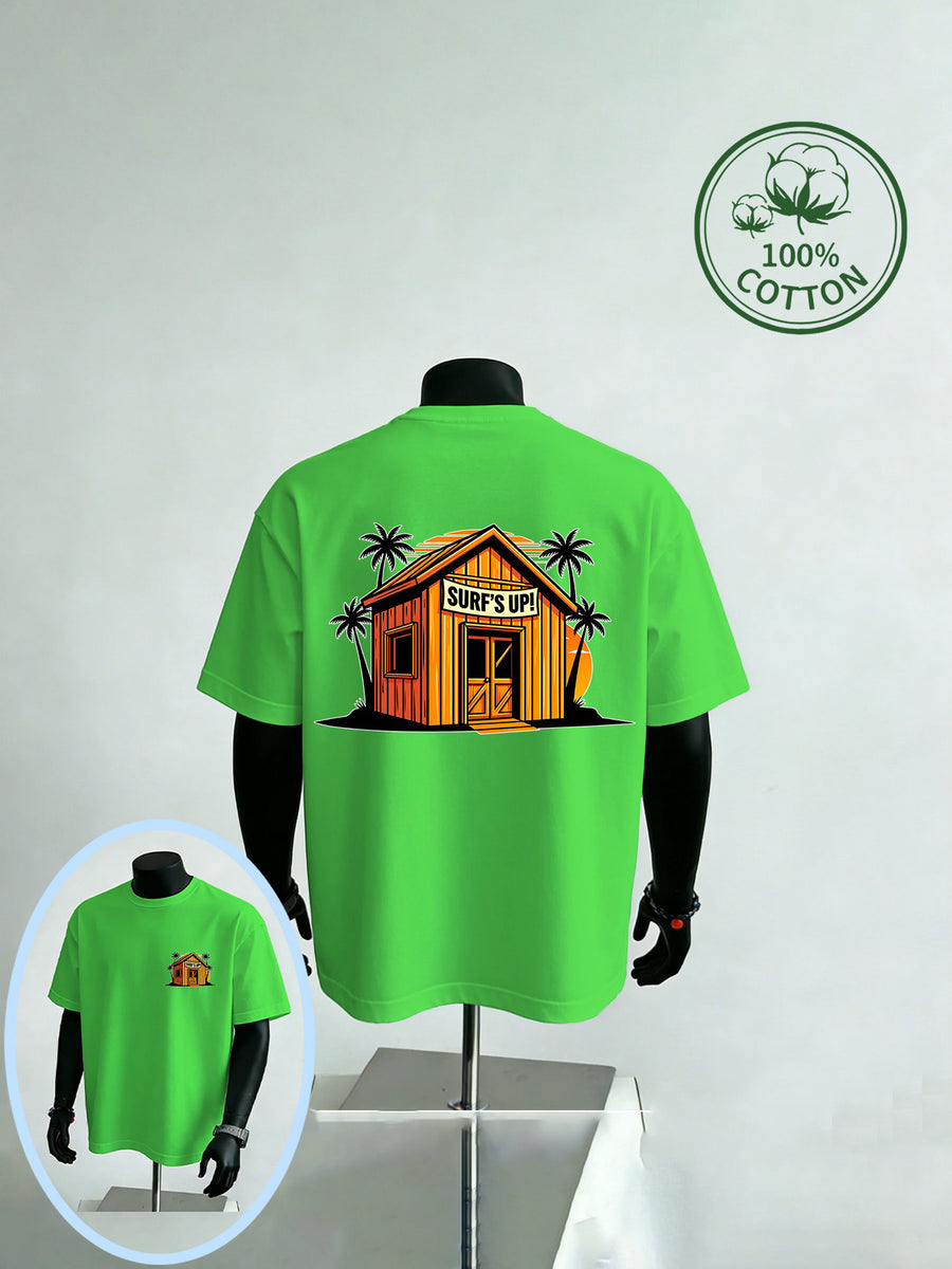 New Summer Style Beach Surf Shack Print Men's Casual Sport Fitness Pure Cotton Short-Sleeve Shirt, Moisture-Wicking and Sweat-Absorbing, Comfortable for Casual Outings and Outdoor Sports and Fitness - Grass Green