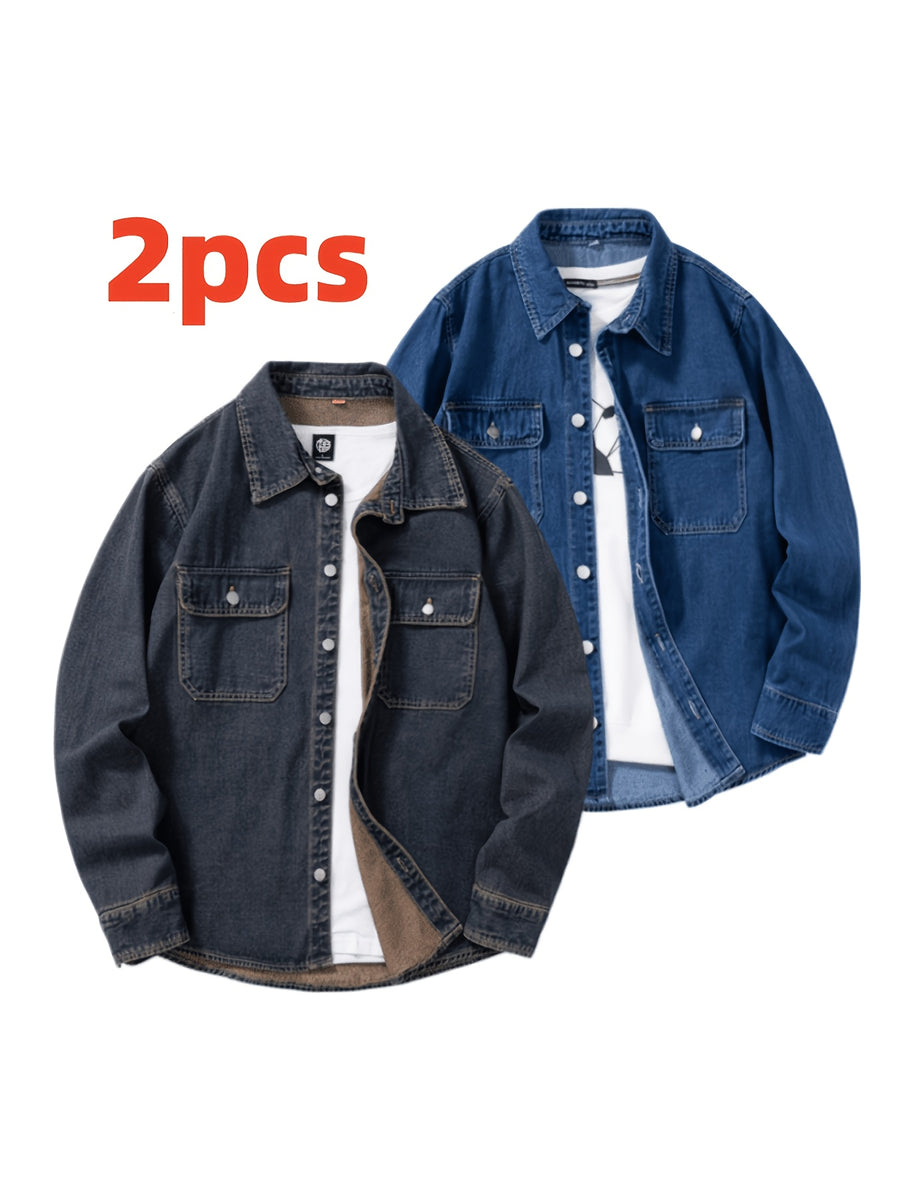 Men's Two-pc Non-Stretch Denim Shirts, Vintage Washed Workwear Long Sleeve Loose Fit Versatile Casual Jackets - Nostalgia + Deep Blue