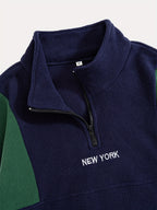 Fleece Color-Blocked Spliced Letter Embroidered Zip-Up Sweatshirt, Men'S Mid-High Collar Half-Zip Pullover Warm Outerwear, Men'S Casual Sportswear with a Trendy Street And Collegiate Style, Suitable for Daily Wear And Casual Outdoor Activities - Navy Color