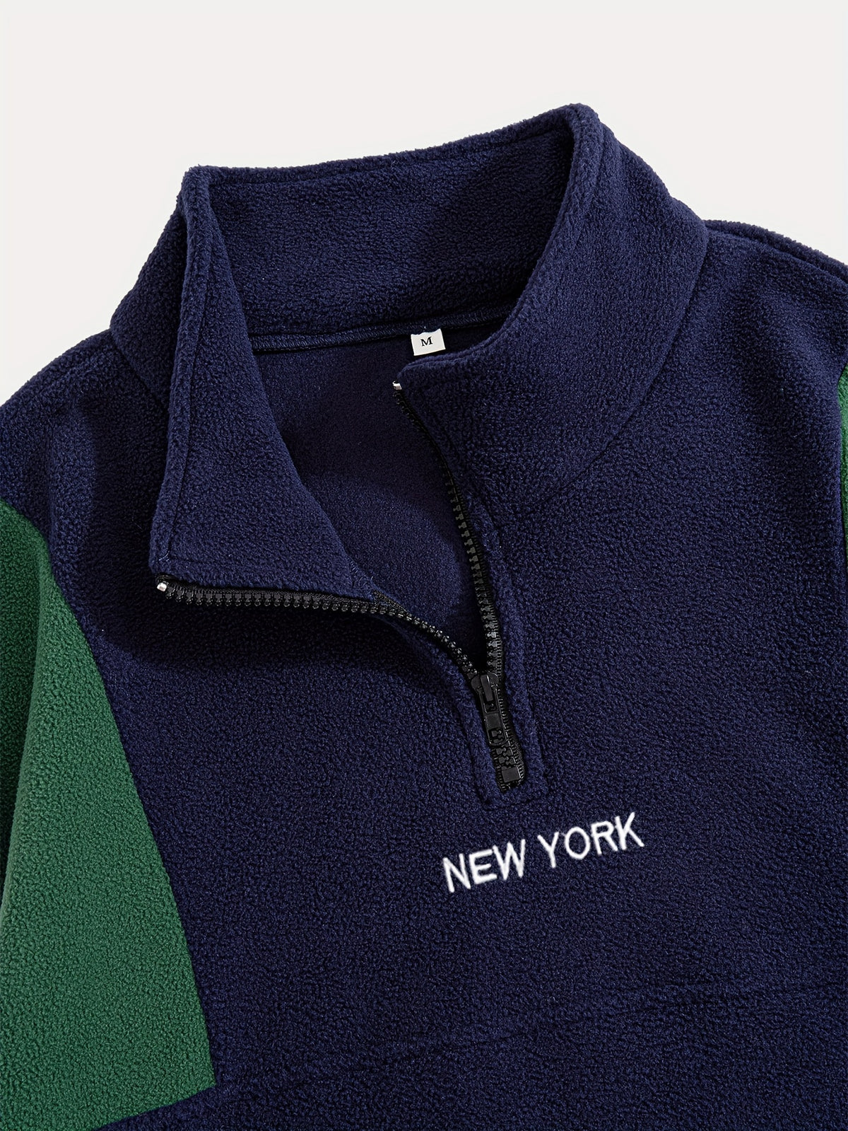 Fleece Color-Blocked Spliced Letter Embroidered Zip-Up Sweatshirt, Men'S Mid-High Collar Half-Zip Pullover Warm Outerwear, Men'S Casual Sportswear with a Trendy Street And Collegiate Style, Suitable for Daily Wear And Casual Outdoor Activities - Navy Color