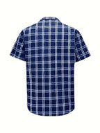 Men's casual 100% pure cotton striped checked shirt (suitable for casual wear during outings and weekend parties) Short-sleeved pocket design, button-down top - Royal Blue