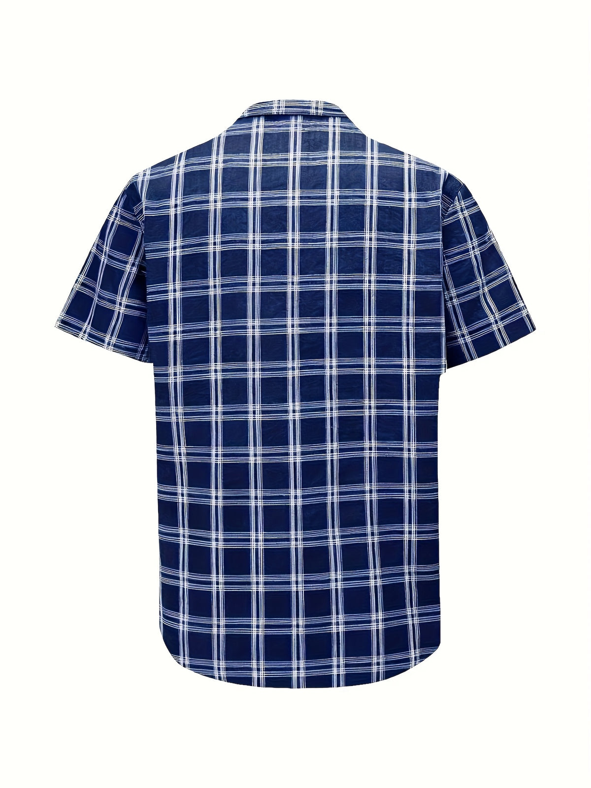 Men's casual 100% pure cotton striped checked shirt (suitable for casual wear during outings and weekend parties) Short-sleeved pocket design, button-down top - Royal Blue