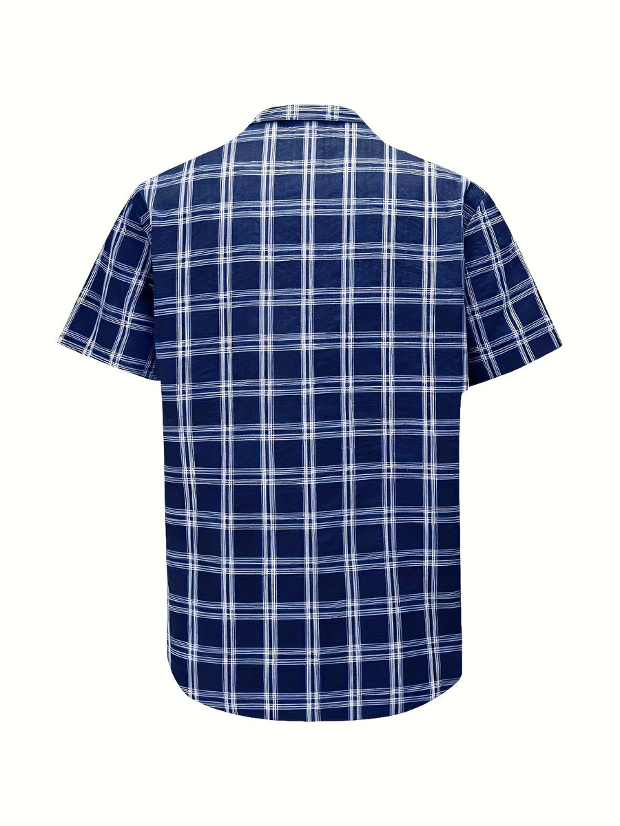 Men's casual 100% pure cotton striped checked shirt (suitable for casual wear during outings and weekend parties) Short-sleeved pocket design, button-down top - Royal Blue