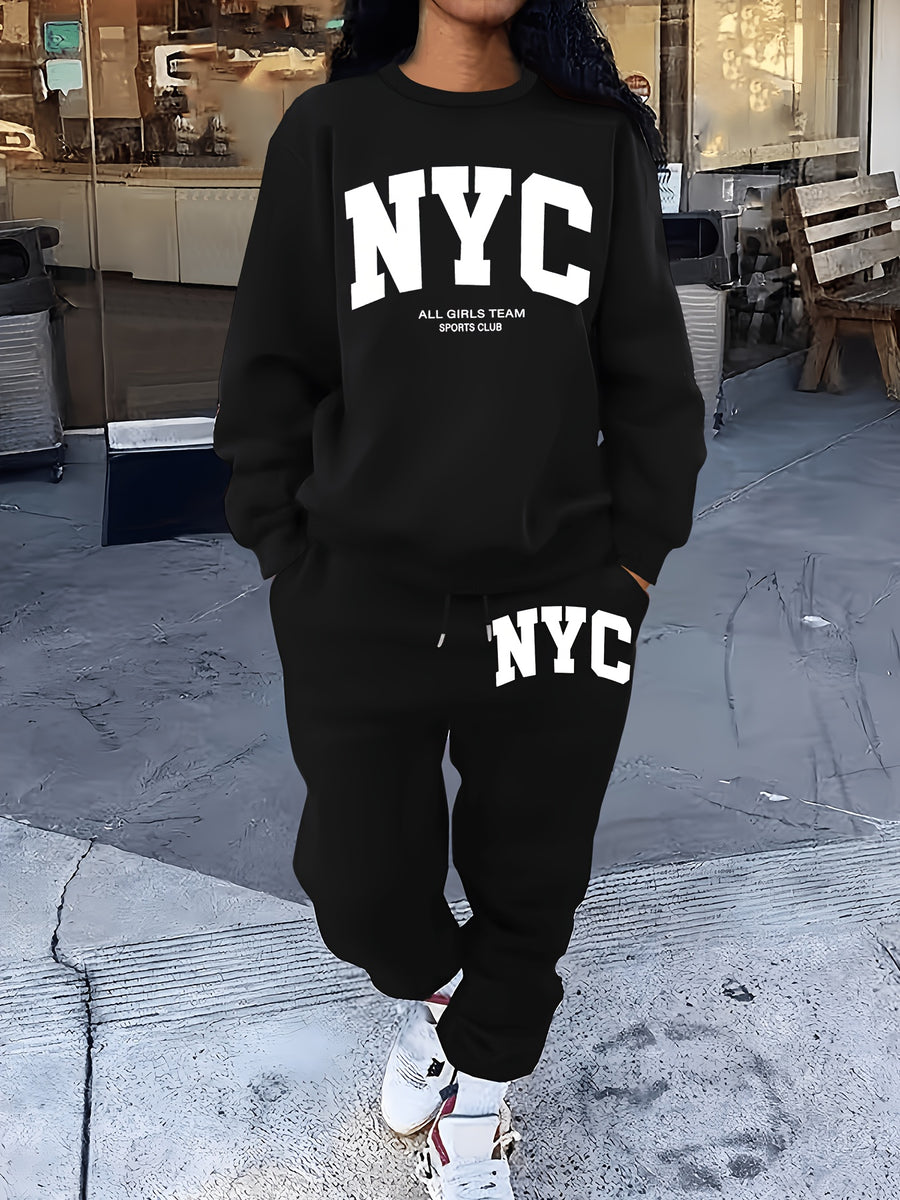 NYC Print Women'S Round Neck Casual Set 2pcs Outfit Spring Fall Outfit - Black 1