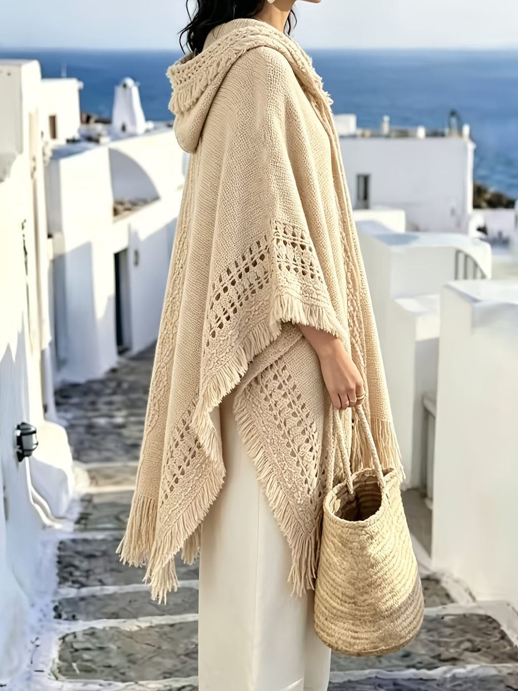 Beach Vacation Boho Fringe Hooded Shawl, Women Oversized Open Front Cardigan Poncho Outer Coat, Lightweight Cape Outer Top - Khaki