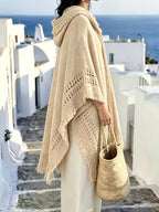 Beach Vacation Boho Fringe Hooded Shawl, Women Oversized Open Front Cardigan Poncho Outer Coat, Lightweight Cape Outer Top - Khaki