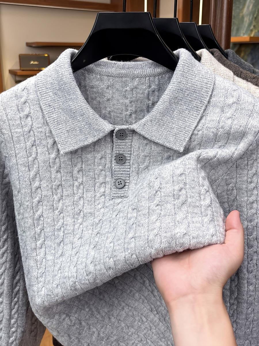 Men's Lapel-neck Autumn/winter Warm Sweater, Classic Cable Knit Texture with Soft, Skin-friendly Fabric, Casual and Fashionable Everyday Knitwear - Light Grey