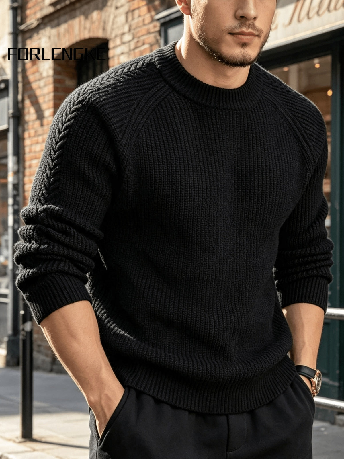 FORLENGKE Men's Vintage Crew Neck Sweater with Cable Knit Sleeves, Heavy Thick Pullover for Fall and Winter, Loose and Casual Fit for Young and Middle-Aged Men, Perfect for Daily Wear, Commuting, Street Style, Layering, Available in Multiple Colors - Black