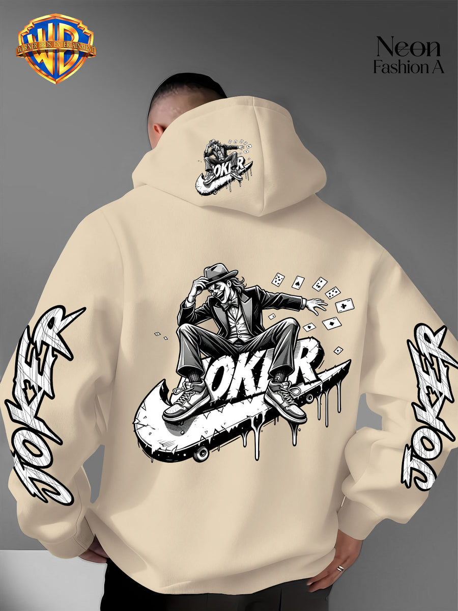 Warner Bros. Official Men'S Autumn Winter Trendy Print Hooded Fleece Sweatshirt, Long Sleeve Pullover Hoodie, Black And White Line Art Skateboard Joker Dripping Graffiti Trendy Print Pattern, Kangaroo Pouch And Drawstring Design - Apricot
