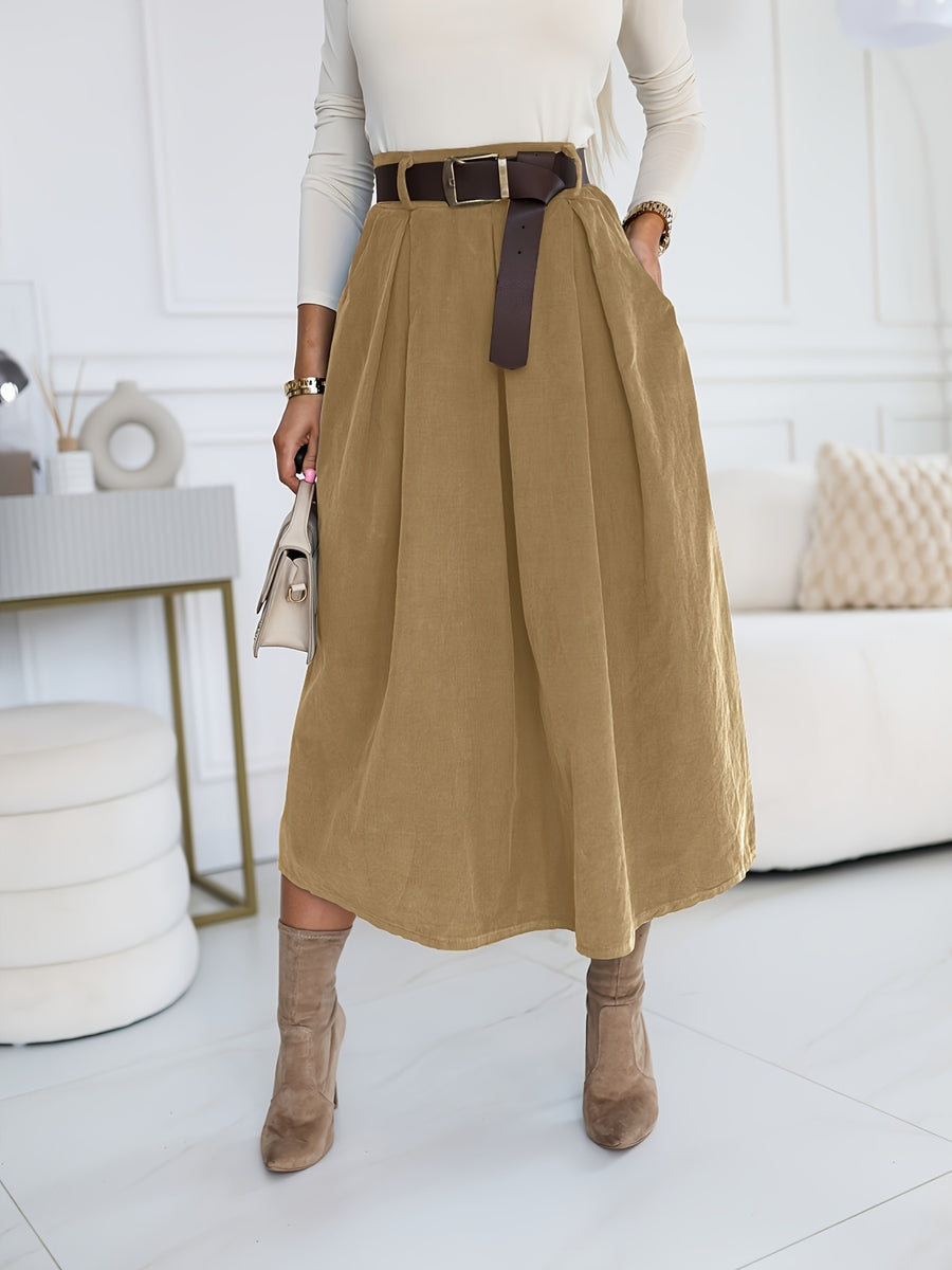 YY0824062 + Lingshan Directional + Women'S Spring And Autumn Elegant Retro A-Line High Waist Oblique Pocket Pleated Skirt, Elastic Waist, Commuting Versatile Mid-Length Umbrella Skirt - Yellowish-brown