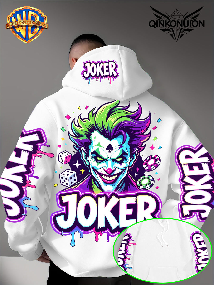 Warner Official Men'S Hoodie, Neon Clown Avatar Chess And Card Graffiti Trendy Print Design, Machine Washable, Warm And Casual for Autumn And Winter, Daily Drawstring Hoodie, Multi-Functional Sports And Leisure Loose Version - White