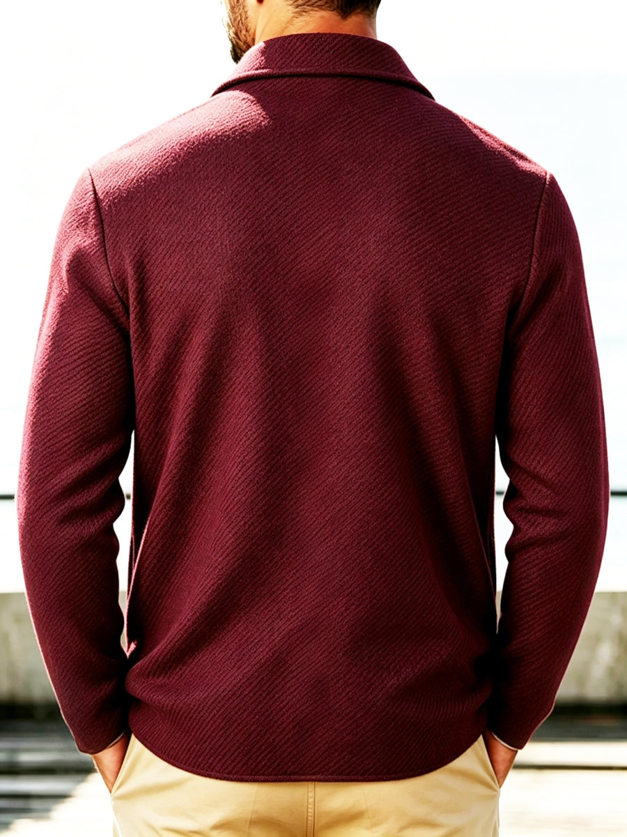 Men's New Spring, Autumn, and Winter Collection: Twill Textured Fabric Single-Breasted Notched Lapel Cardigan with Double Pockets, a Versatile Long-Sleeve Business Casual Outerwear. Soft, Comfortable, and Stylish Knitted Solid-Color Jacket - Burgundy