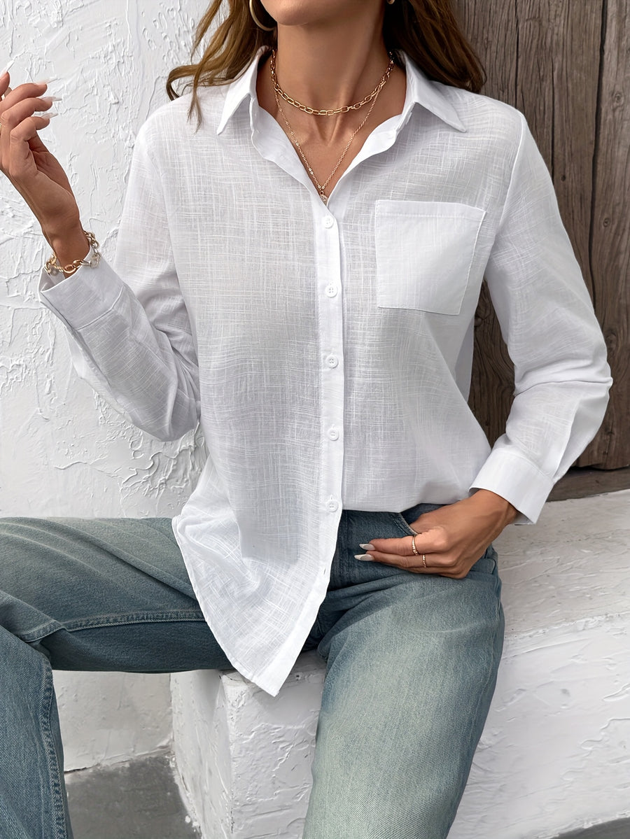 Slub Style Shirt Casual Women Long Sleeves - White