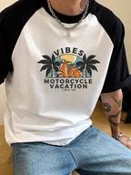 Retro Raglan Short Sleeve Men'S T-Shirt/Summer 2026 New Style/Color-Block Off-Shoulder Top/Casual Outing Outfit/Casual Athletic Top for Men/Round Neck Print Shirt - White+black