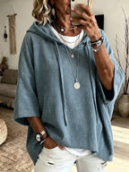 Women's Corduroy Hooded Sweatshirt with Drop Shoulder, Five-Part Sleeves, Loose Oversized Fit, Casual Hoodie Top - Blue