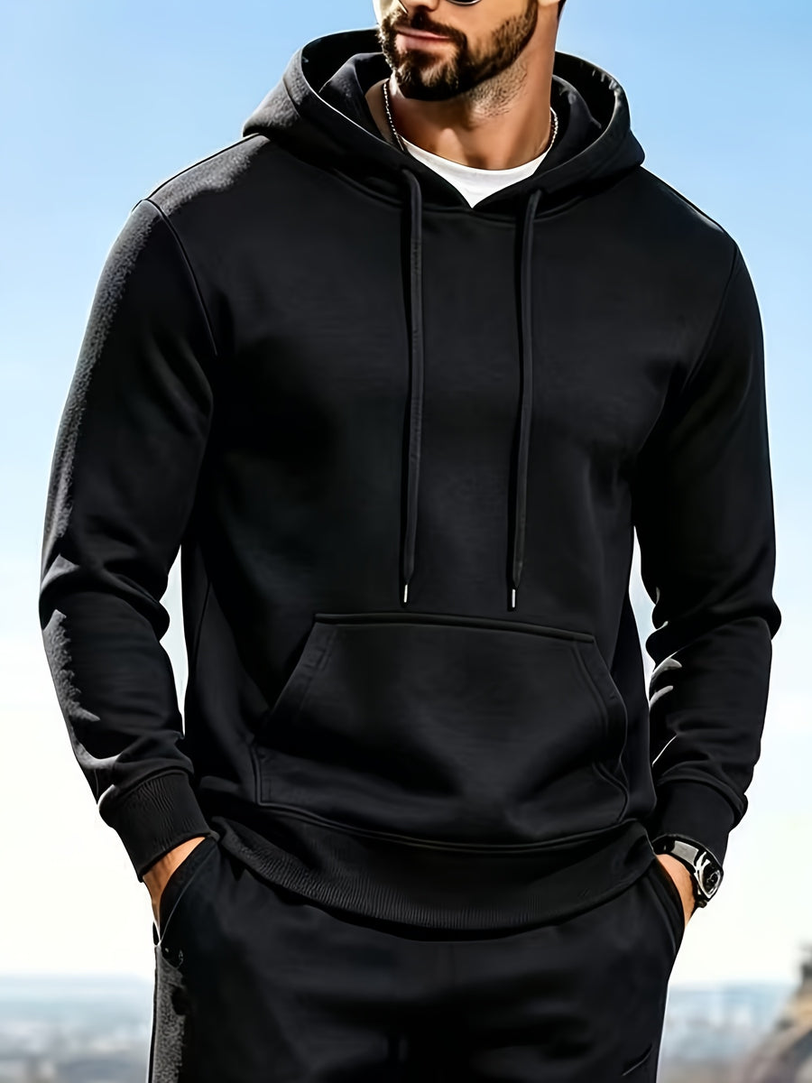 Men's Solid Color Hooded Sweatshirt, Spring/Autumn Loose Fit with Kangaroo Pocket and Drawstring, Pullover Hoodie for Daily Casual Wear, Long Sleeve Sport Top - Black