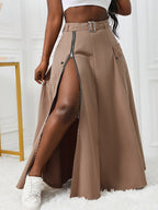 Street Style Women'S Front-Slit Zipper Utility Skirt Fashion Sensual Belt Utility Long Skirt Apron Skirt - Khaki