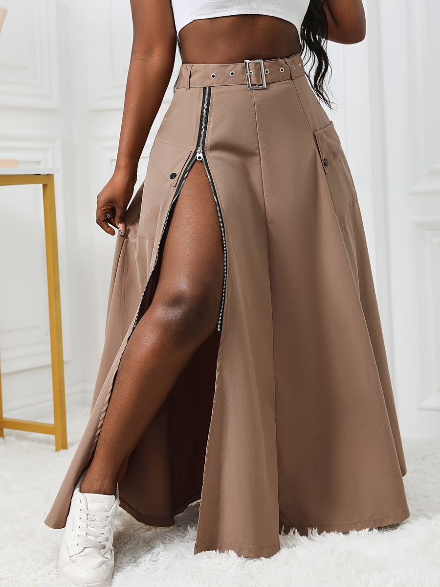Street Style Women'S Front-Slit Zipper Utility Skirt Fashion Sensual Belt Utility Long Skirt Apron Skirt - Khaki