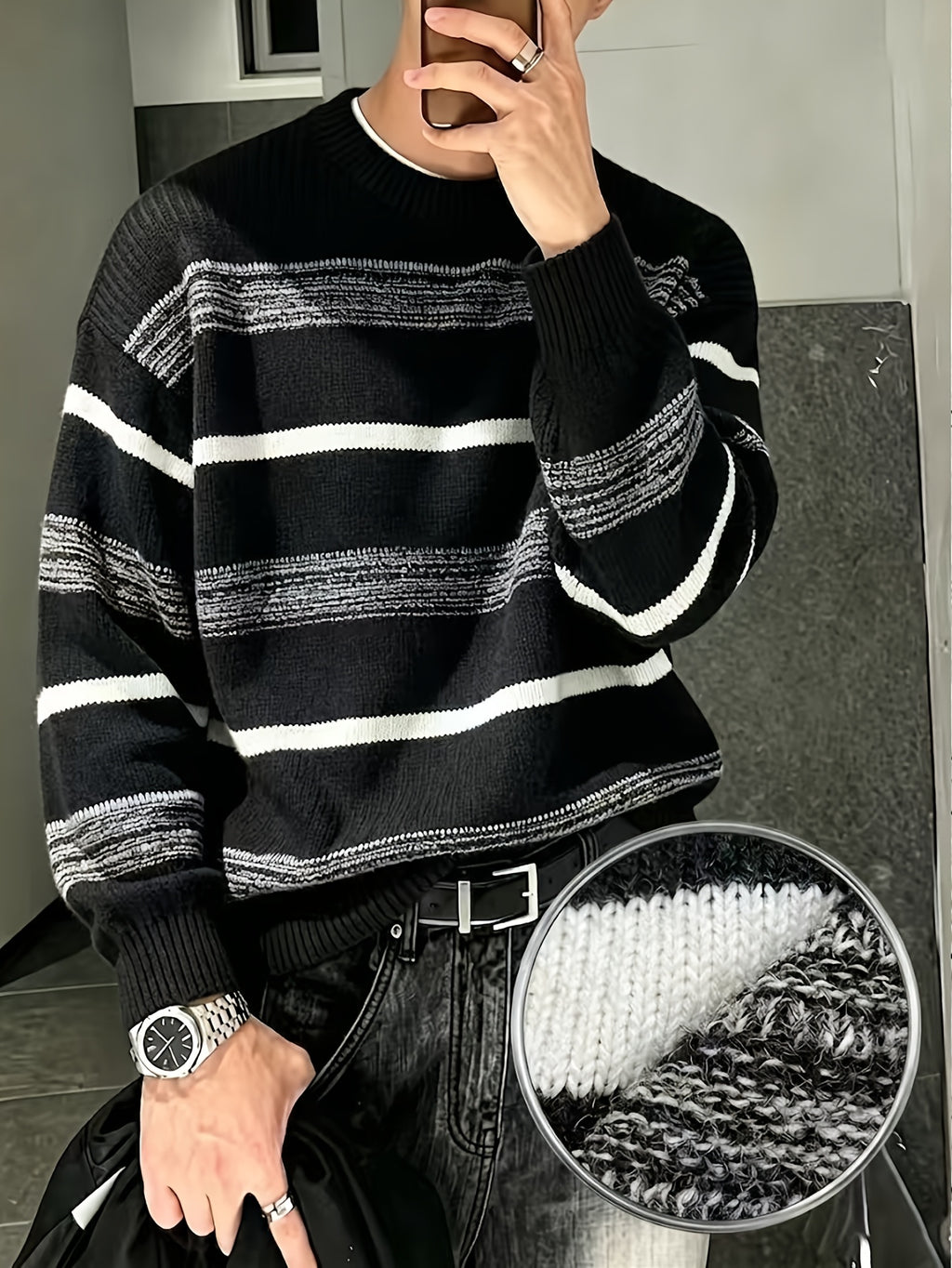 Unisex Loose-Fit Casual Streetwear Knit Pullover with Simple Striped Crew Neck, Suitable for Daily Wear in Spring, Autumn, and Winter Winter Clothes for Men - Black