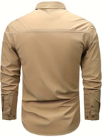 Outdoor Multi-pocket Functional Combat Quick-drying Shirt Casual Quick-drying Sports Shirt Thin Style with Four Chest Pockets and Armpit Ventilation Holes, Hunting - Khaki