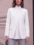 Stand-up Collar with Irregular Slanted Placket, Women's Casual Blazer, Versatile and Elegant Commuter Blazer Top, Dual-wear Suit for Daily and Workplace, Lined, with Pockets - White