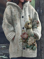 Nordic Pastoral Style Hooded Chunky Floral Rabbit Print Fabric Cardigan, Women's Vintage Long Coat - Light Grey